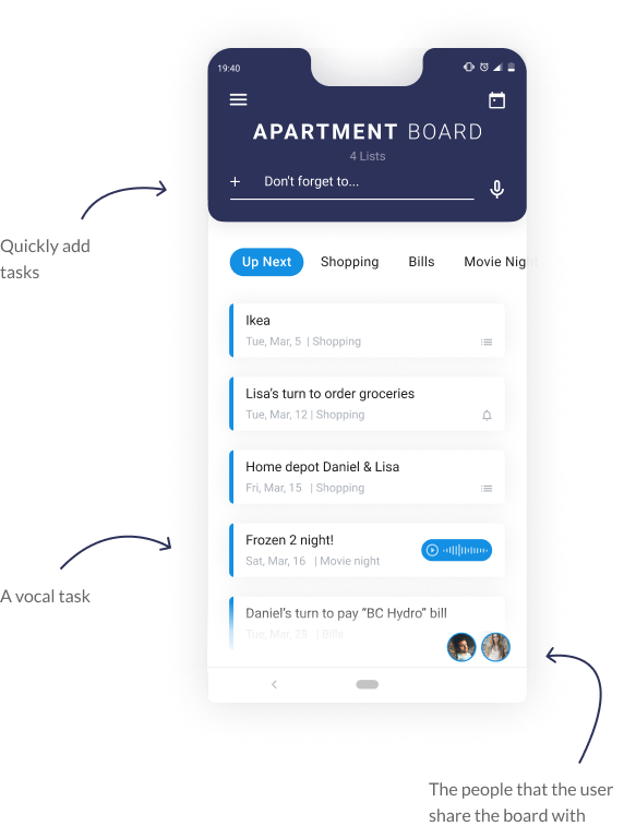 Schedule Apartment Board, Up next list screen - Schedule app